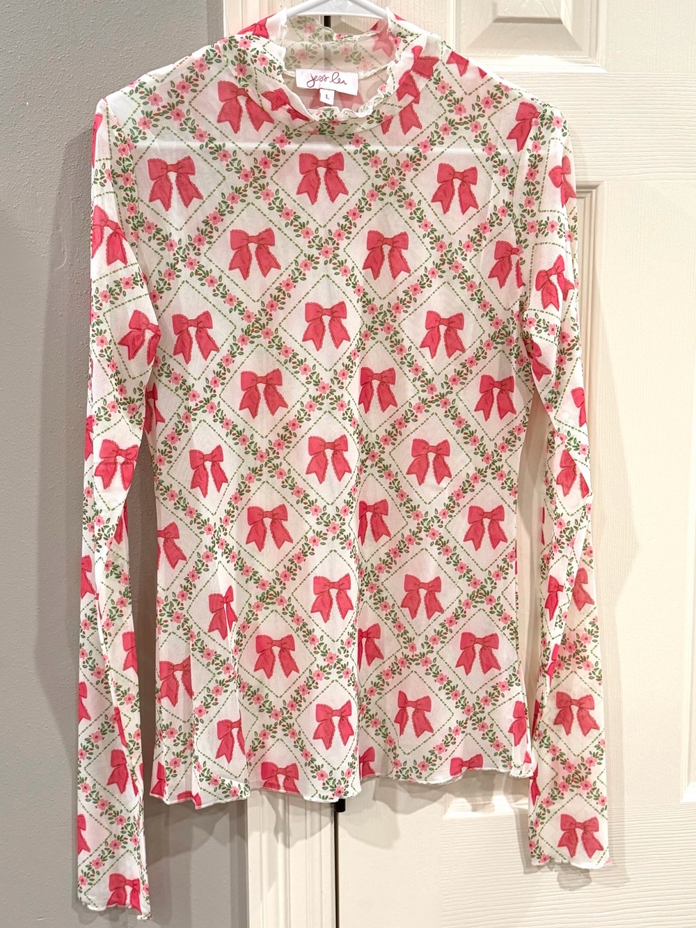 NEW in bag - Jess Lea Pink Bow Print Long Sleeve mesh Top Sz L